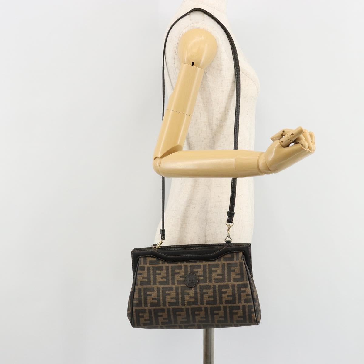 FENDI Zucca Canvas Shoulder Bag PVC Black Brown Auth 183623A