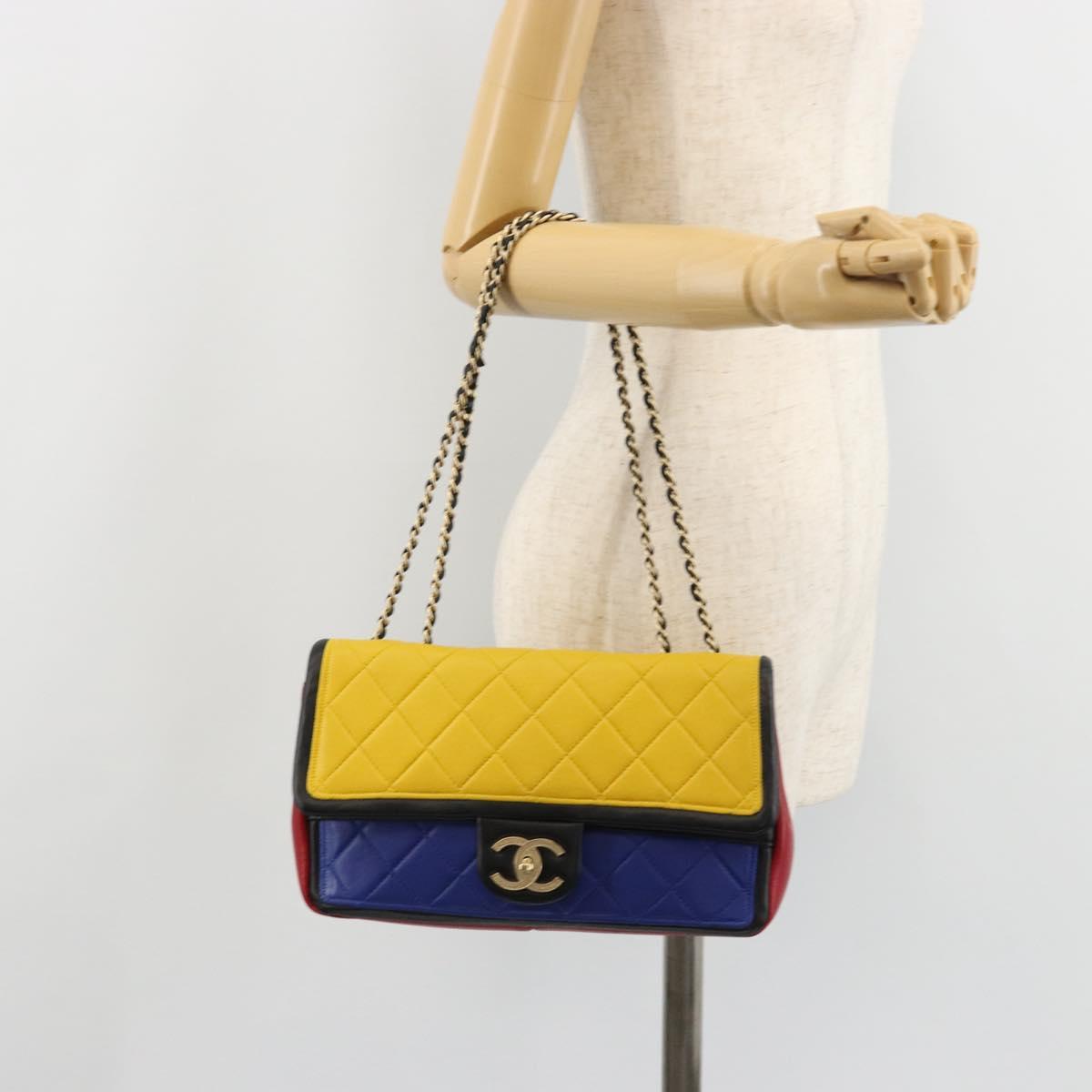 CHANEL Mini Matelasse 26 Chain Bag Lamb Skin Multicolor Gold CC Auth 183624SM