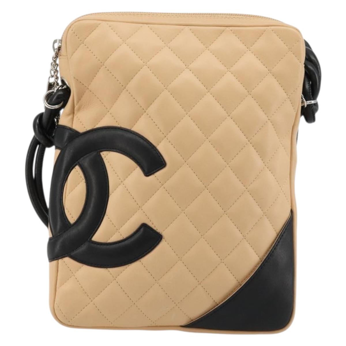 CHANEL Matelasse Cambon Line Shoulder Bag Leather Beige Silver CC Auth 183625M