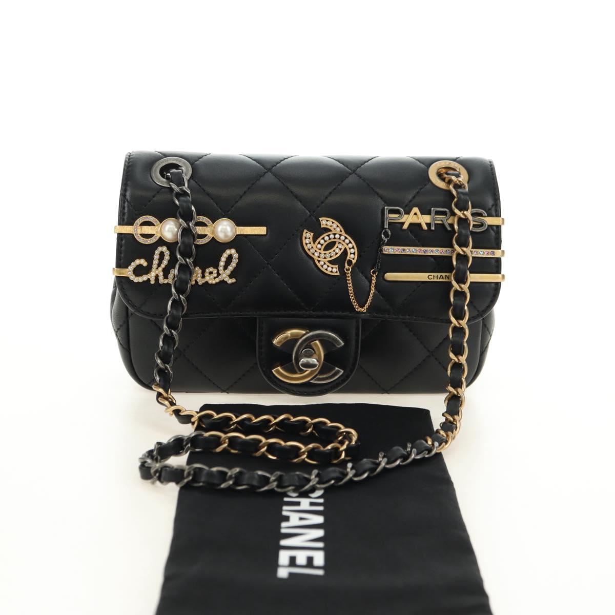 CHANEL Mini Matelasse 17 Chain Bag Lamb Skin Black Gold CC Auth 183626SM