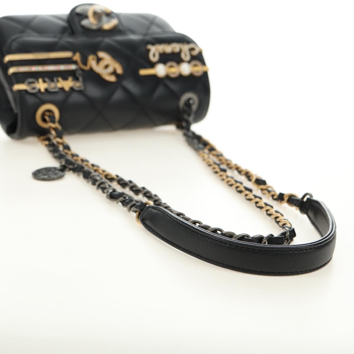 CHANEL Mini Matelasse 17 Chain Bag Lamb Skin Black Gold CC Auth 183626SM
