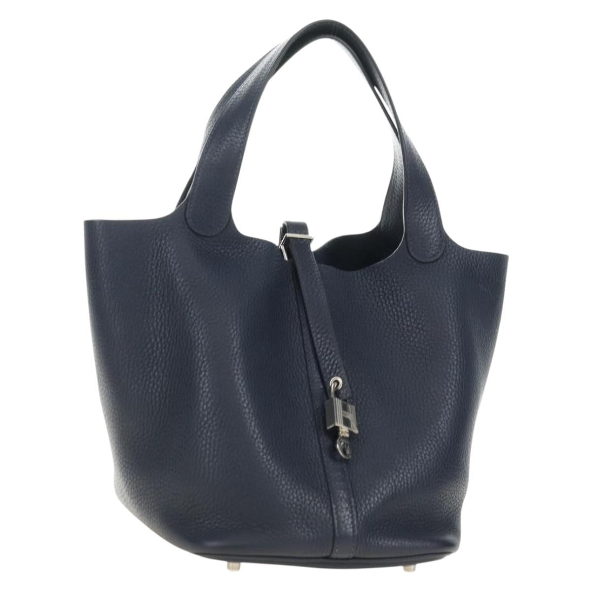 HERMES Picotan lock Bag Taurillon Clemence Leather Navy Silver Auth 183630SAM