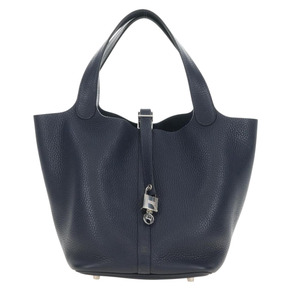 HERMES Picotan lock Bag Taurillon Clemence Leather Navy Silver Auth 183630SAM