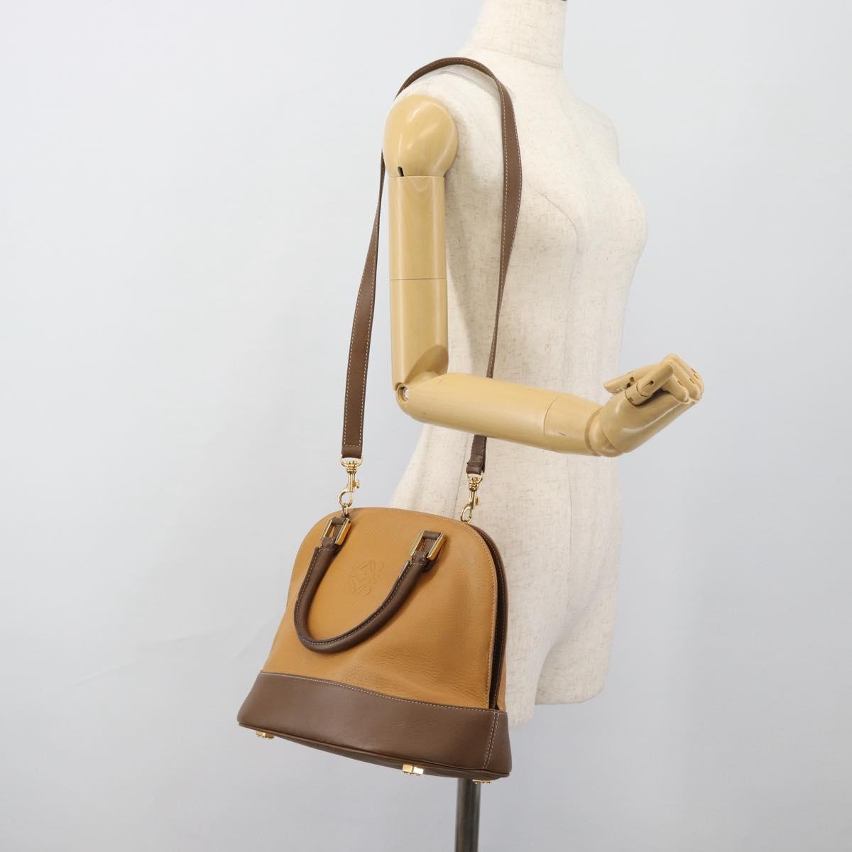 LOEWE Hand Bag Leather 2way Brown Gold Auth 183640