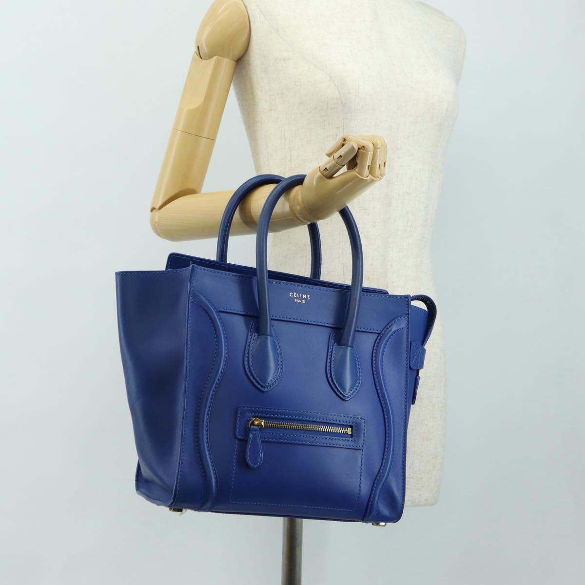 CELINE Micro shopper Hand Bag Leather Blue Gold Auth 183645V