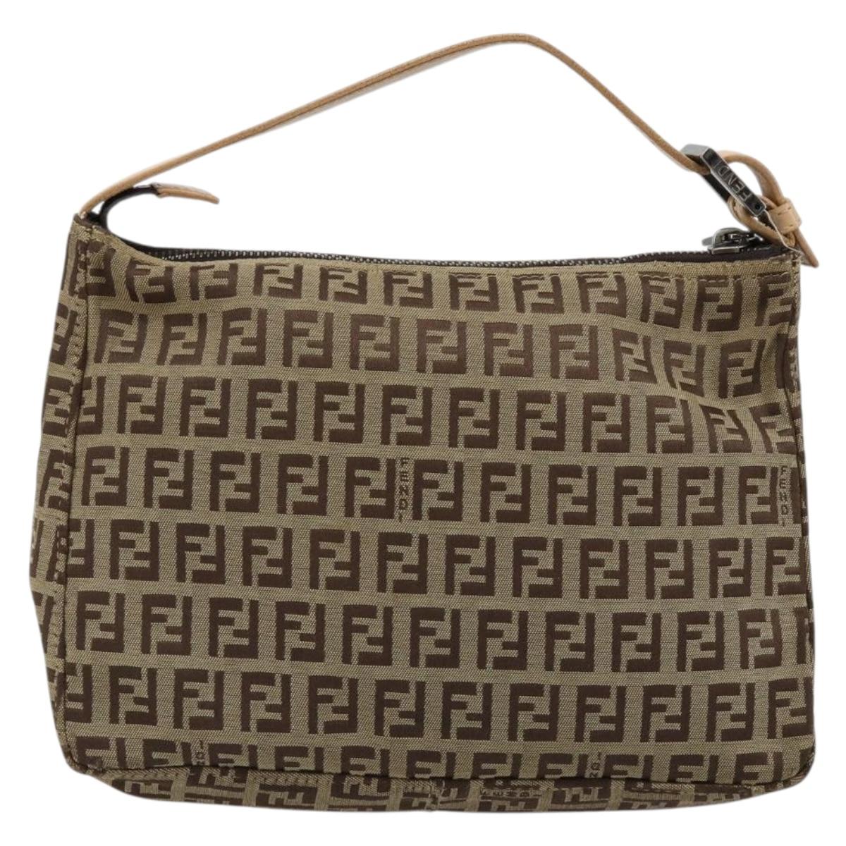 FENDI Zucchino Canvas Hand Bag Beige Silver Auth 183653A