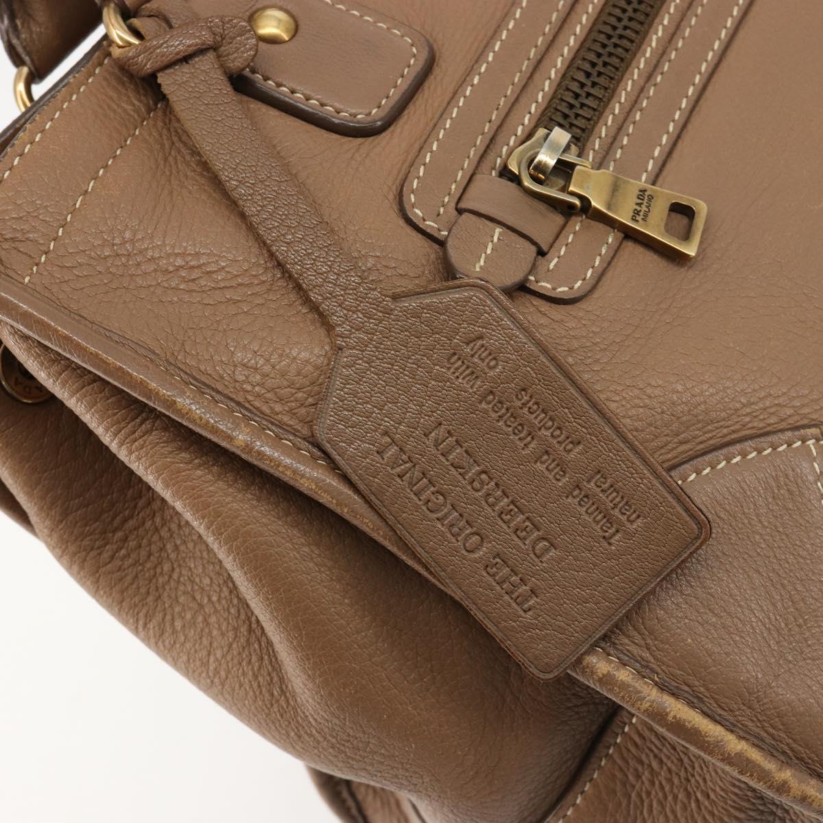 PRADA Hand Bag Leather Brown Gold Auth 183668A