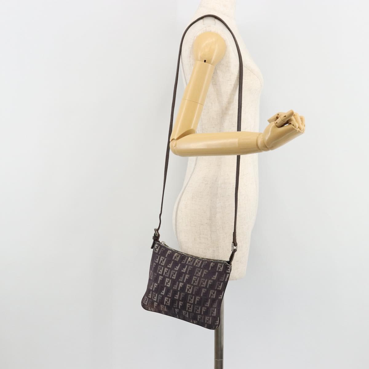 FENDI Zucchino Canvas Shoulder Bag Gray Silver Auth 183672A