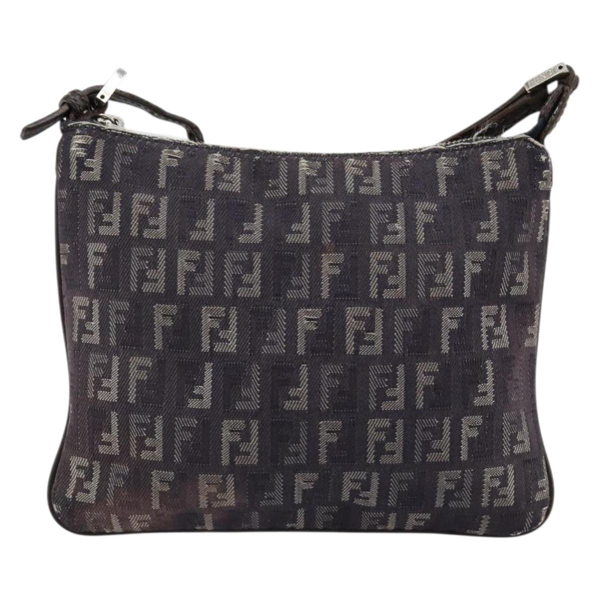 FENDI Zucchino Canvas Shoulder Bag Gray Silver Auth 183672A