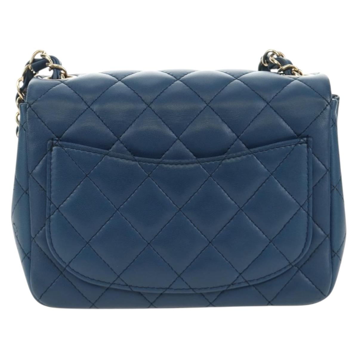 CHANEL Chain Mini Matelasse 16 Shoulder Bag Lamb Skin Blue Gold CC Auth 183683M