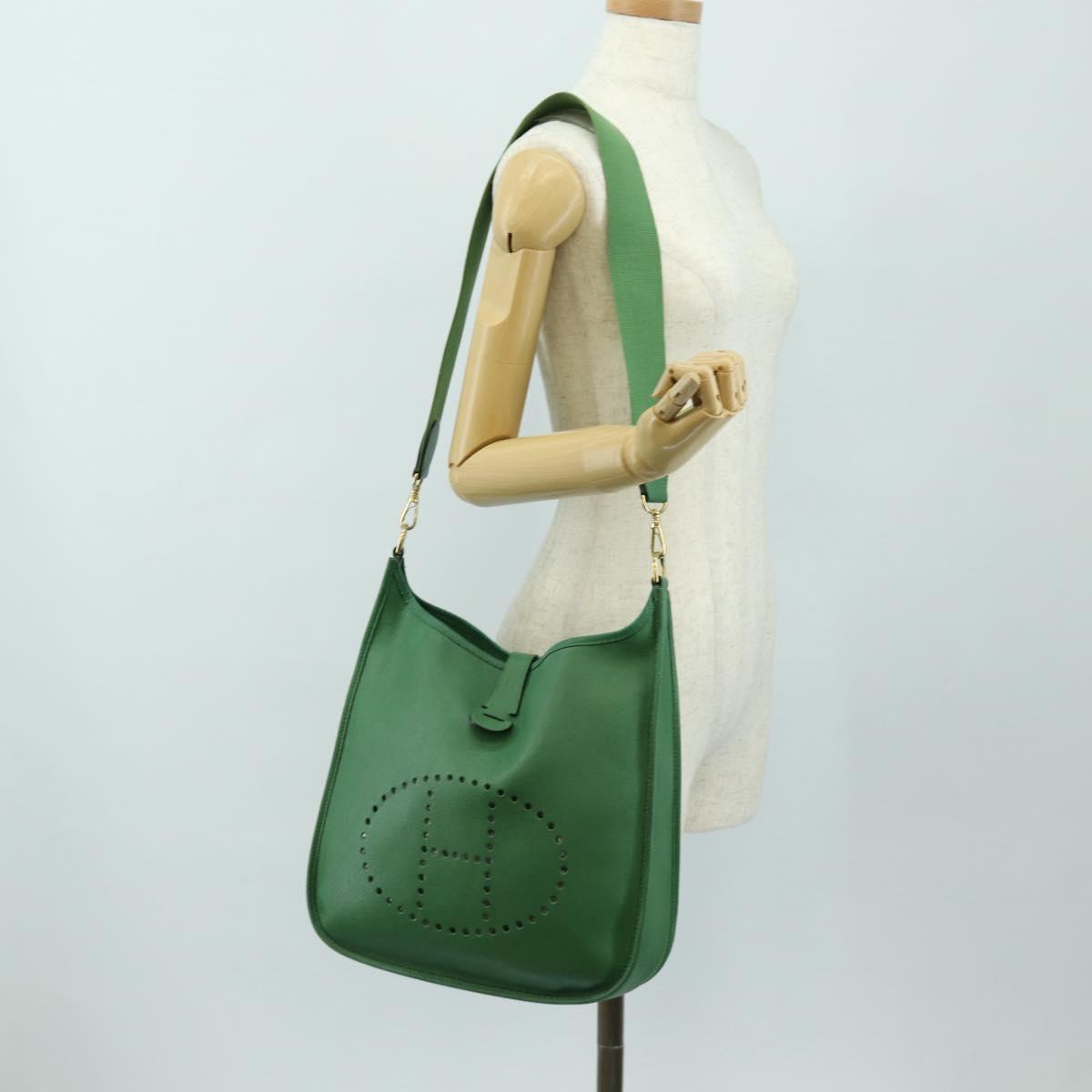 HERMES Evelyn 1GM Shoulder Bag Leather Green Gold Auth 183685V