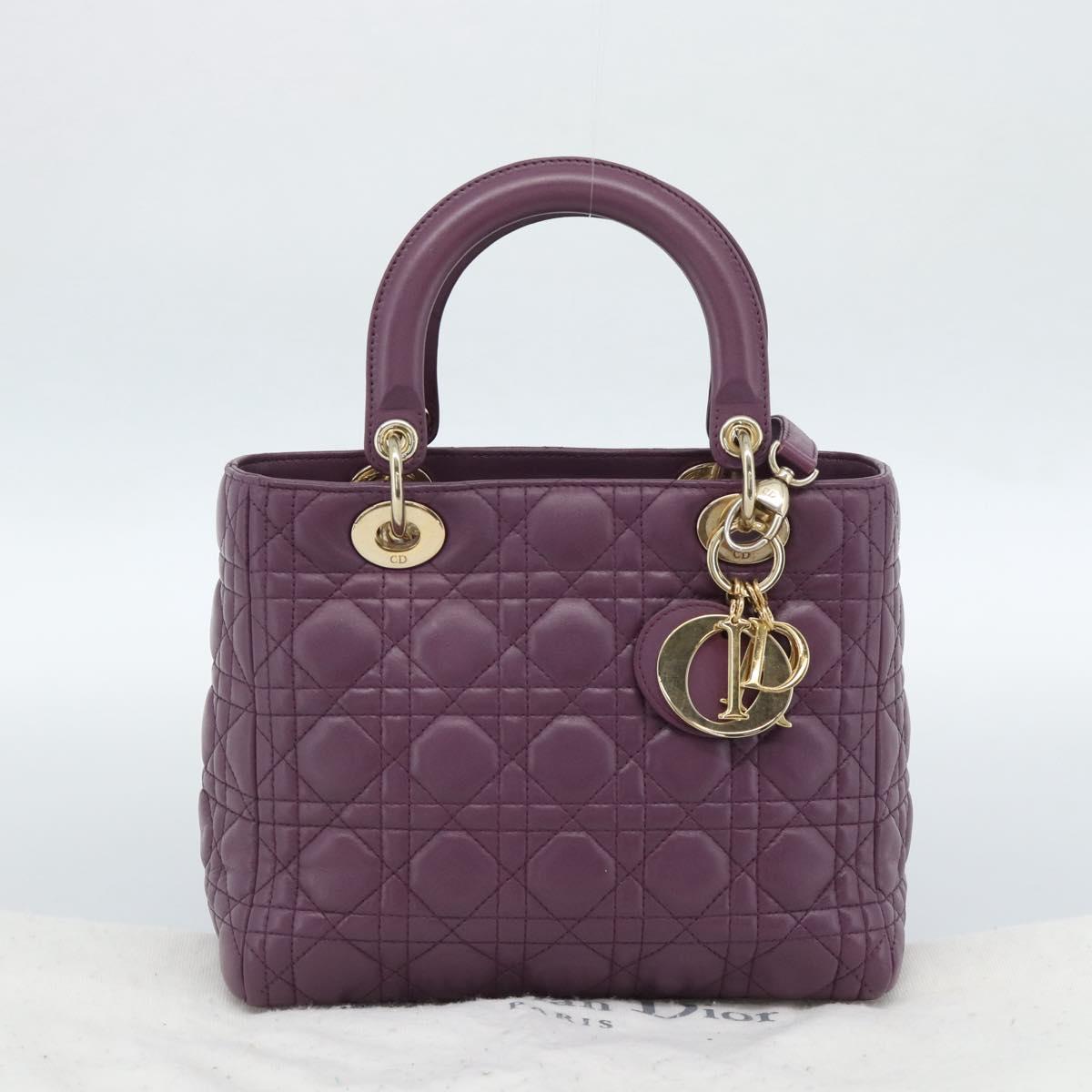 Christian Dior Canage Lady Dior Hand Bag Lamb Skin 2way Purple Gold Auth 183704M