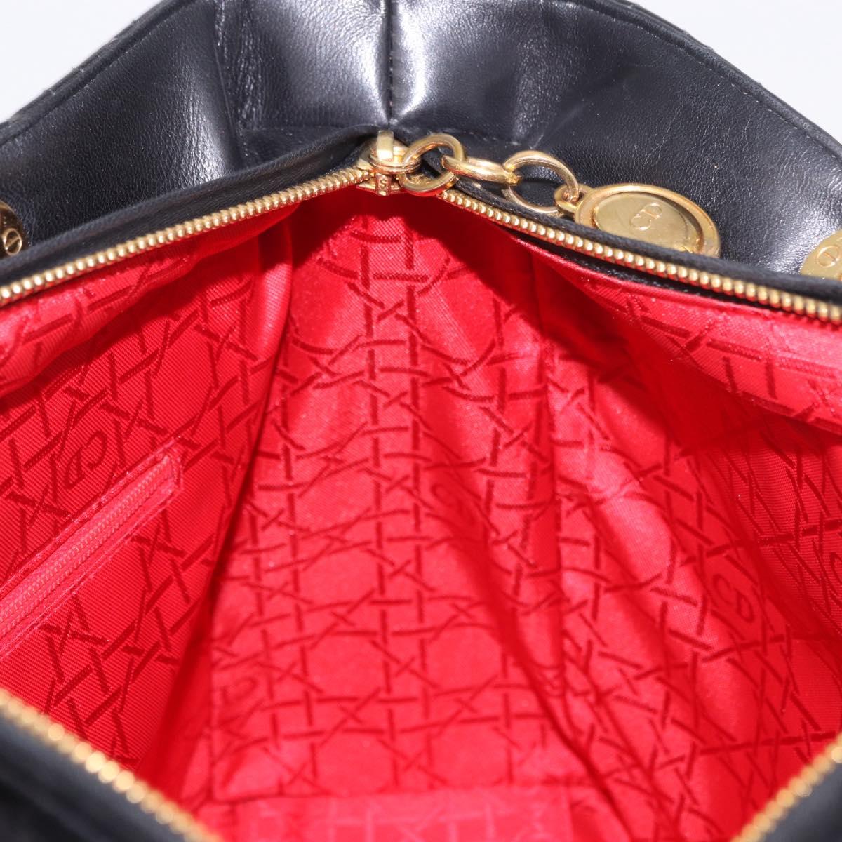Christian Dior Lady Dior Canage Hand Bag Lamb Skin 2way Black Gold Auth 183708V