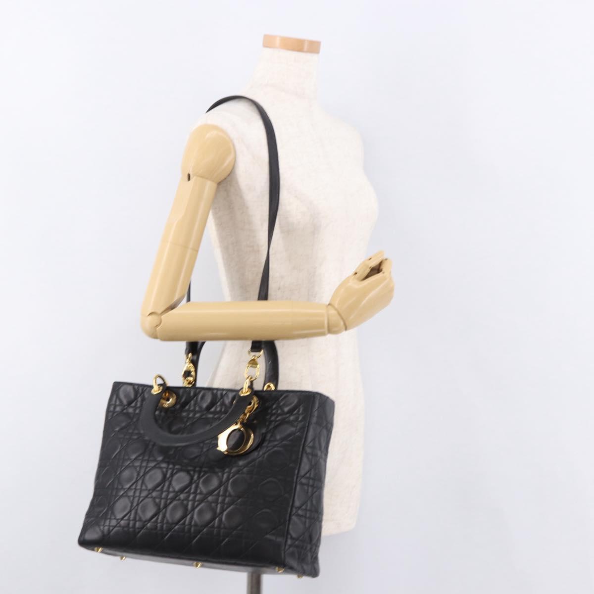 Christian Dior Lady Dior Canage Hand Bag Lamb Skin 2way Black Gold Auth 183708V