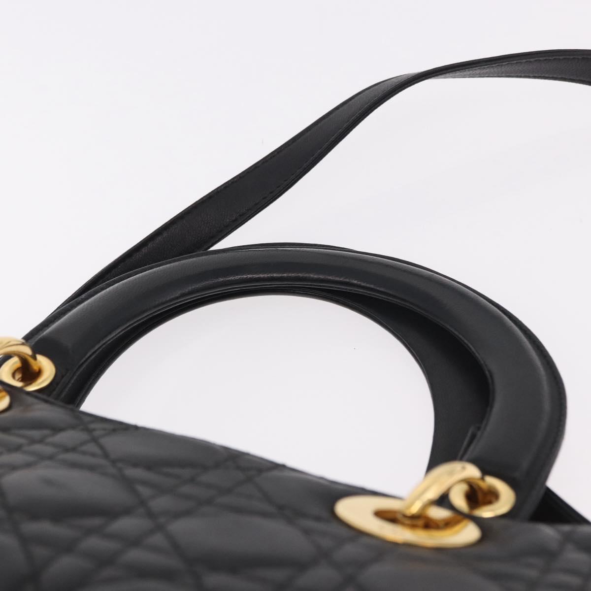 Christian Dior Lady Dior Canage Hand Bag Lamb Skin 2way Black Gold Auth 183708V
