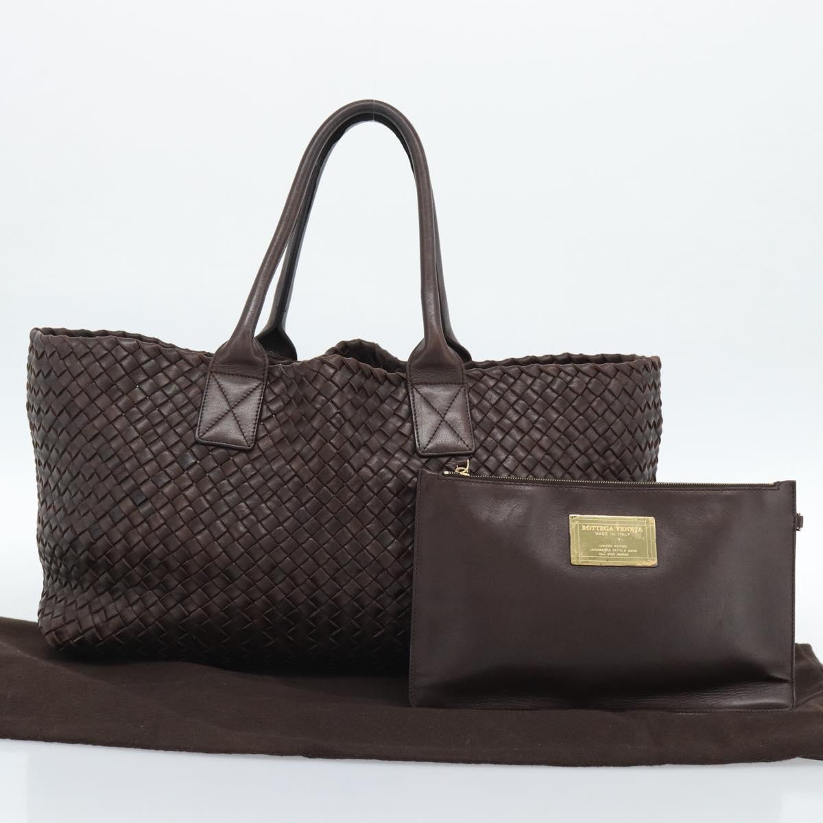 BOTTEGA VENETA INTRECCIATO Cabas MM Hand Bag Leather Brown Gold Auth 183710V