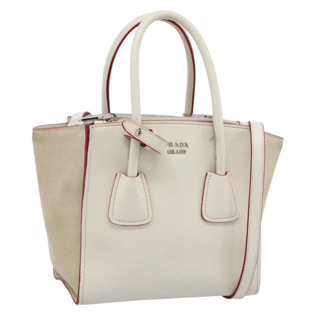 PRADA Hand Bag Leather 2way White Silver Auth 183712M