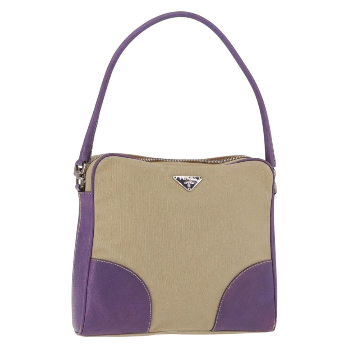 PRADA Shoulder Bag Canvas Beige Silver Auth 183714