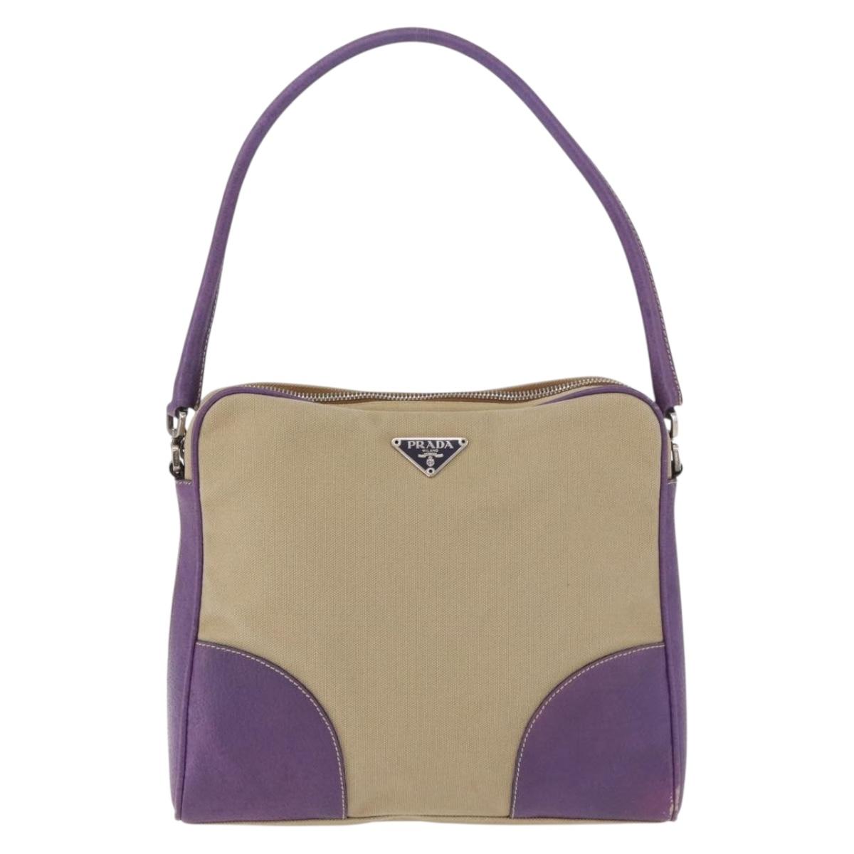 PRADA Shoulder Bag Canvas Beige Silver Auth 183714