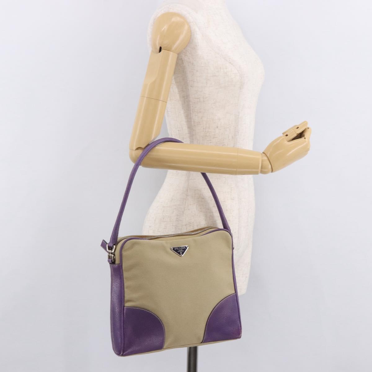 PRADA Shoulder Bag Canvas Beige Silver Auth 183714