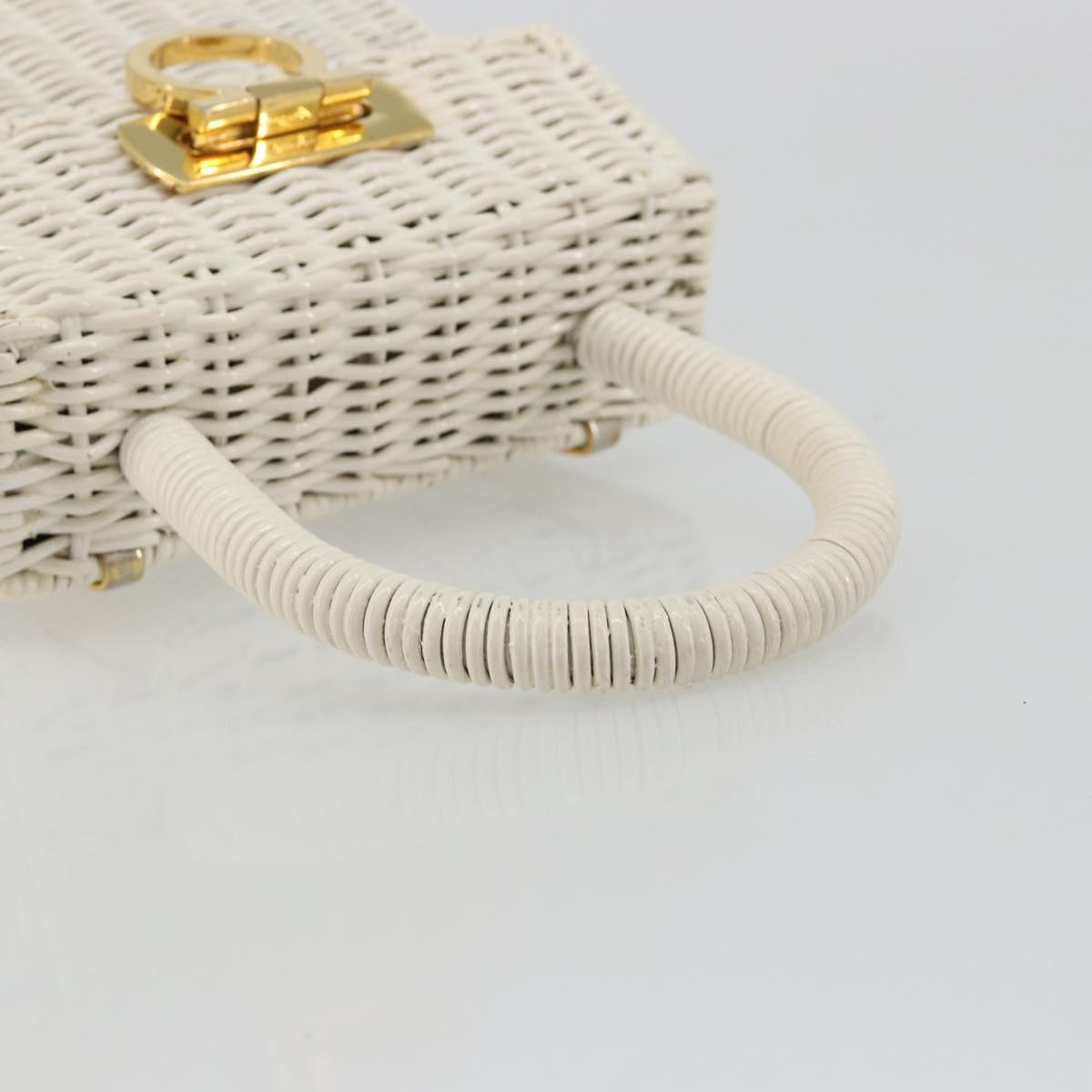 Salvatore Ferragamo Gancini Hand Bag Rattan White Gold Auth 183781A