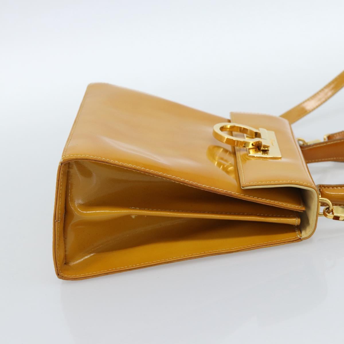 Salvatore Ferragamo Gancini Hand Bag Patent leather 2way Gold Yellow Auth 183782