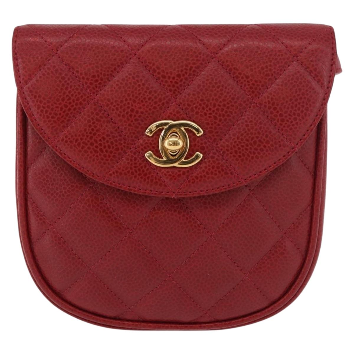 CHANEL Waist bag Caviar Skin Red Gold CC Auth 183792V