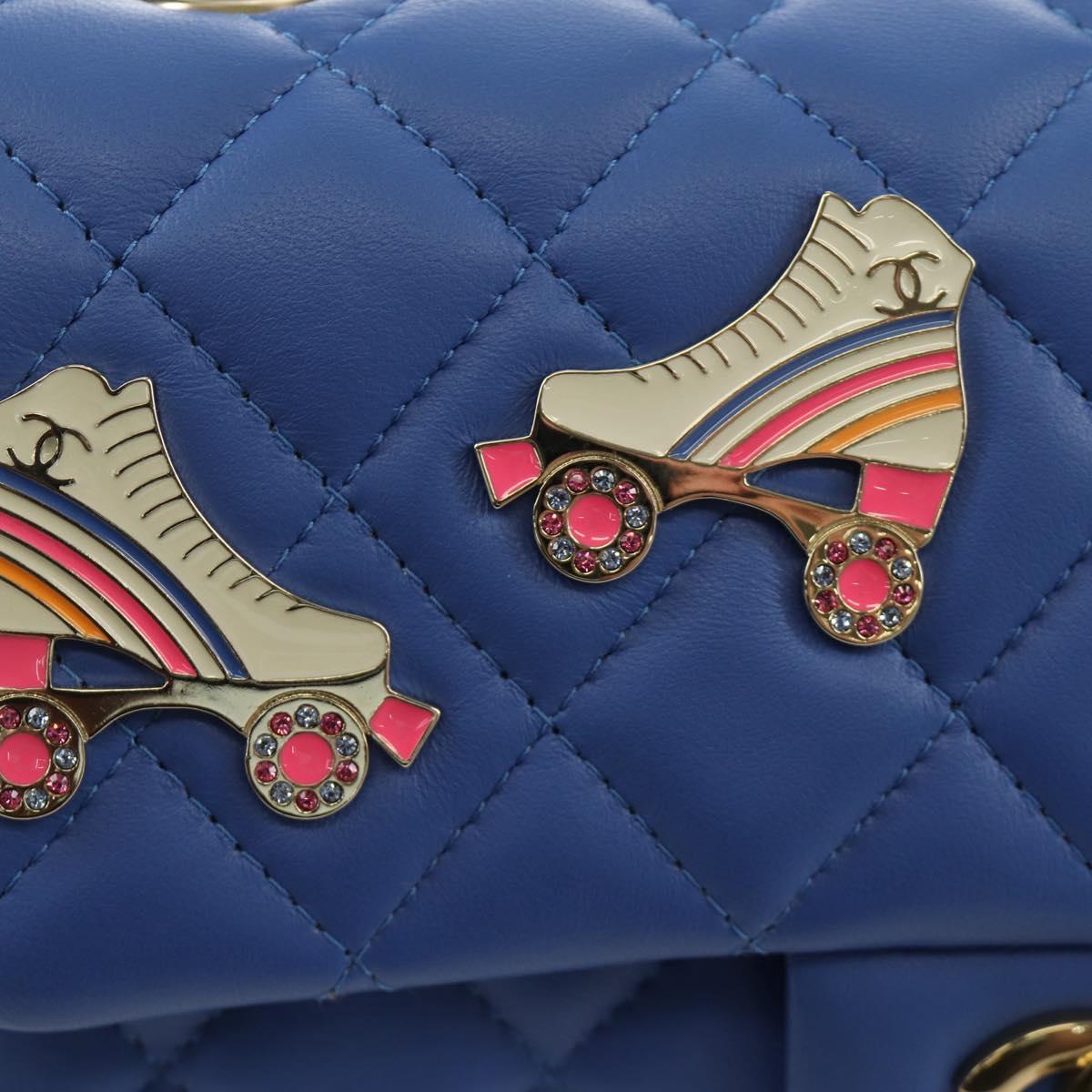 CHANEL Mini Matelasse 20 Chain Shoulder Bag Lamb Skin Blue Gold CC Auth 183794SM