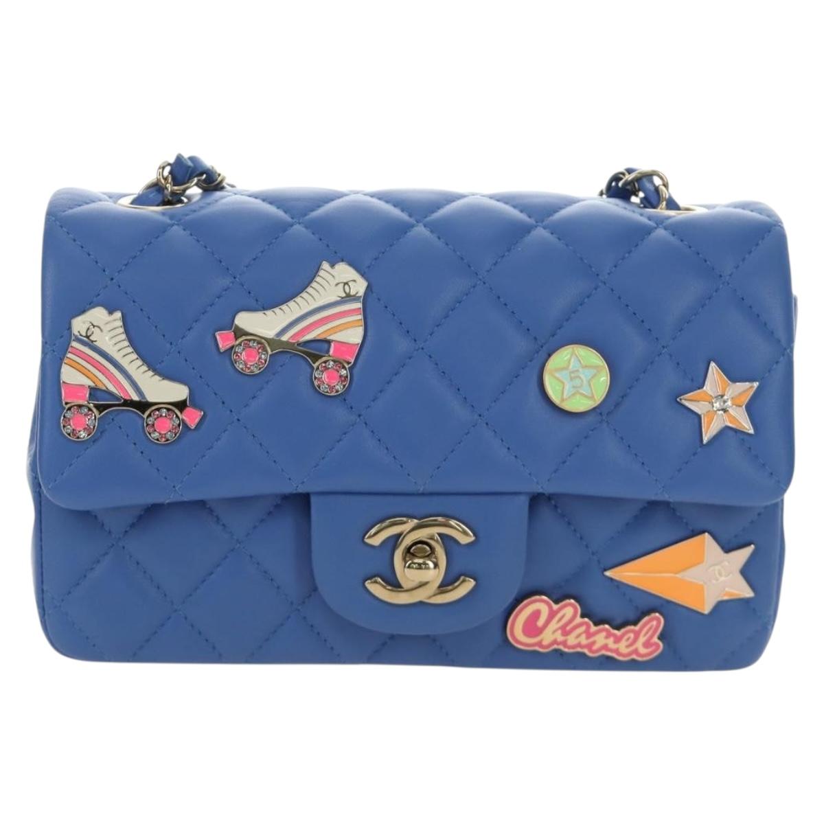 CHANEL Mini Matelasse 20 Chain Shoulder Bag Lamb Skin Blue Gold CC Auth 183794SM