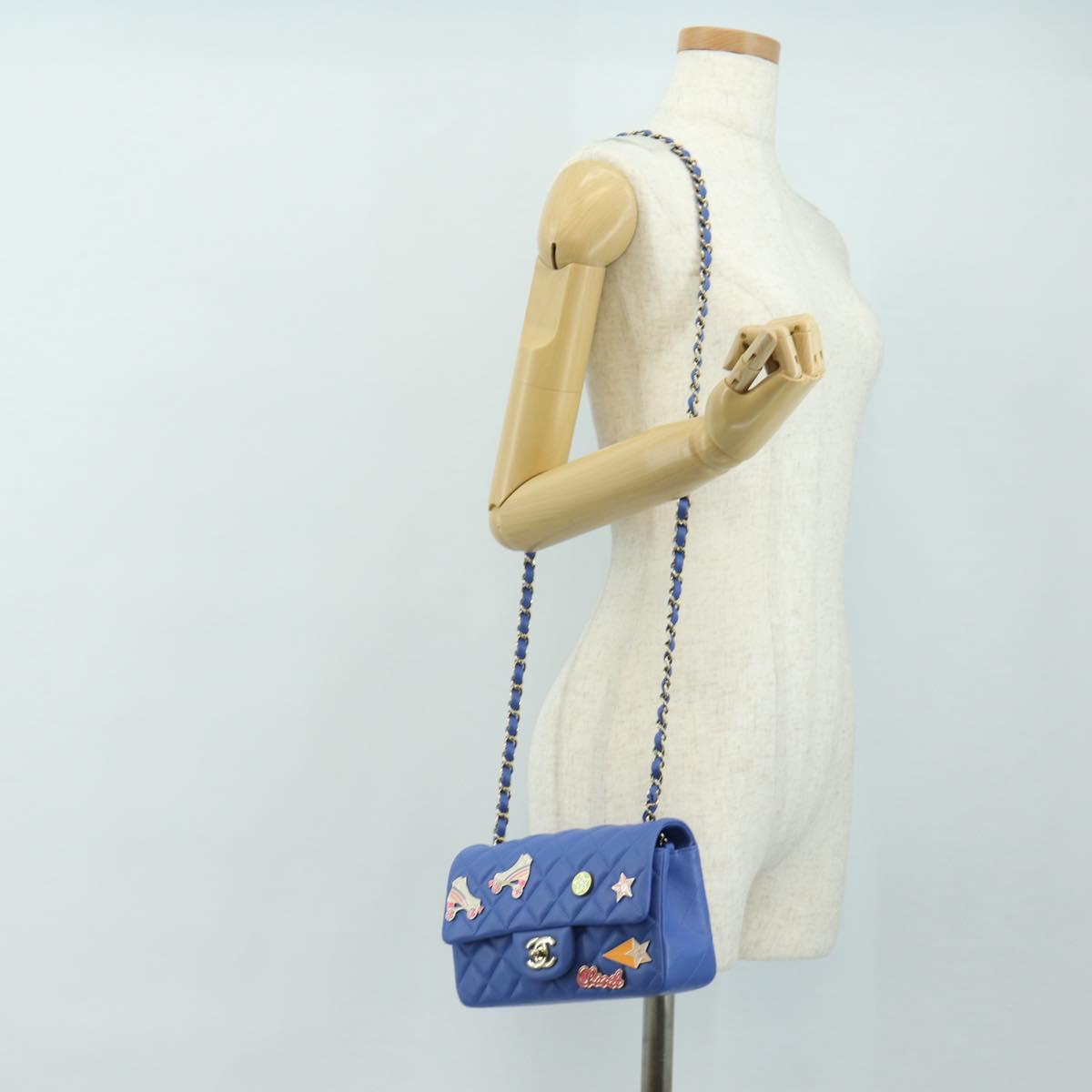 CHANEL Mini Matelasse 20 Chain Shoulder Bag Lamb Skin Blue Gold CC Auth 183794SM