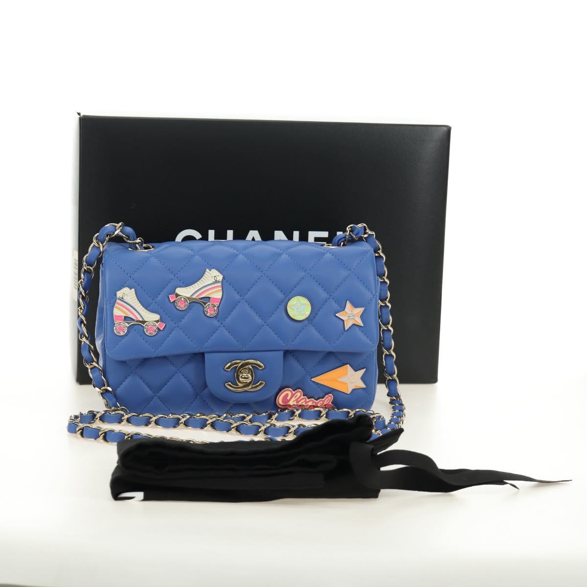 CHANEL Mini Matelasse 20 Chain Shoulder Bag Lamb Skin Blue Gold CC Auth 183794SM