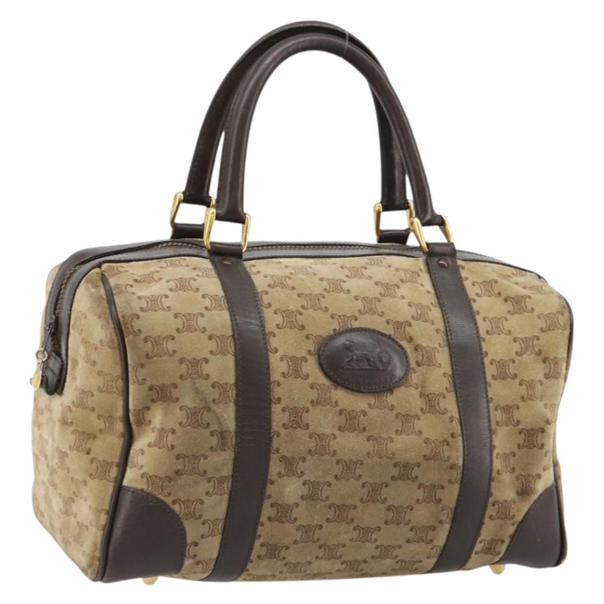 CELINE Macadam Canvas Hand Bag Suede Beige Gold Auth 183810