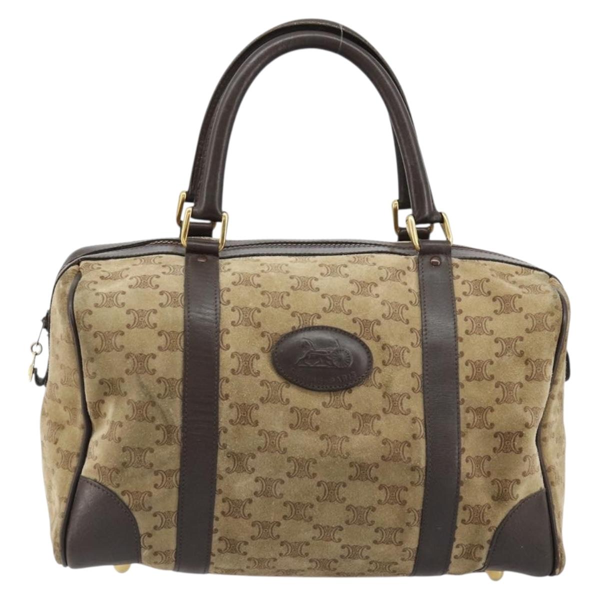 CELINE Macadam Canvas Hand Bag Suede Beige Gold Auth 183810