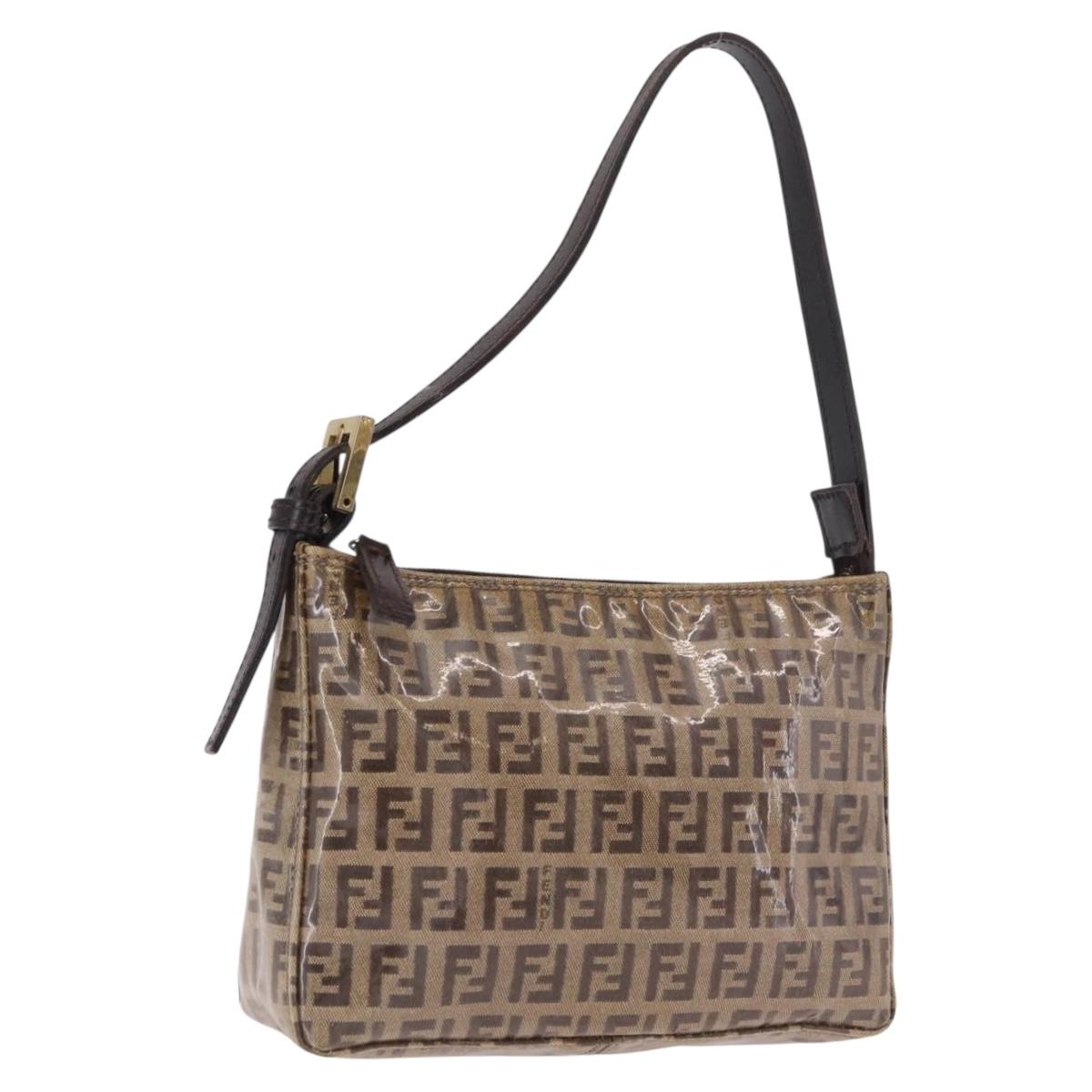 FENDI Zucchino Canvas Hand Bag Beige Gold Auth 183830