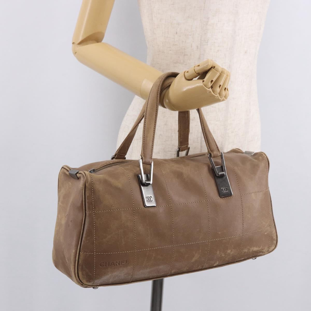 CHANEL Choco Bar Hand Bag Lamb Skin Brown Silver CC Auth 183856