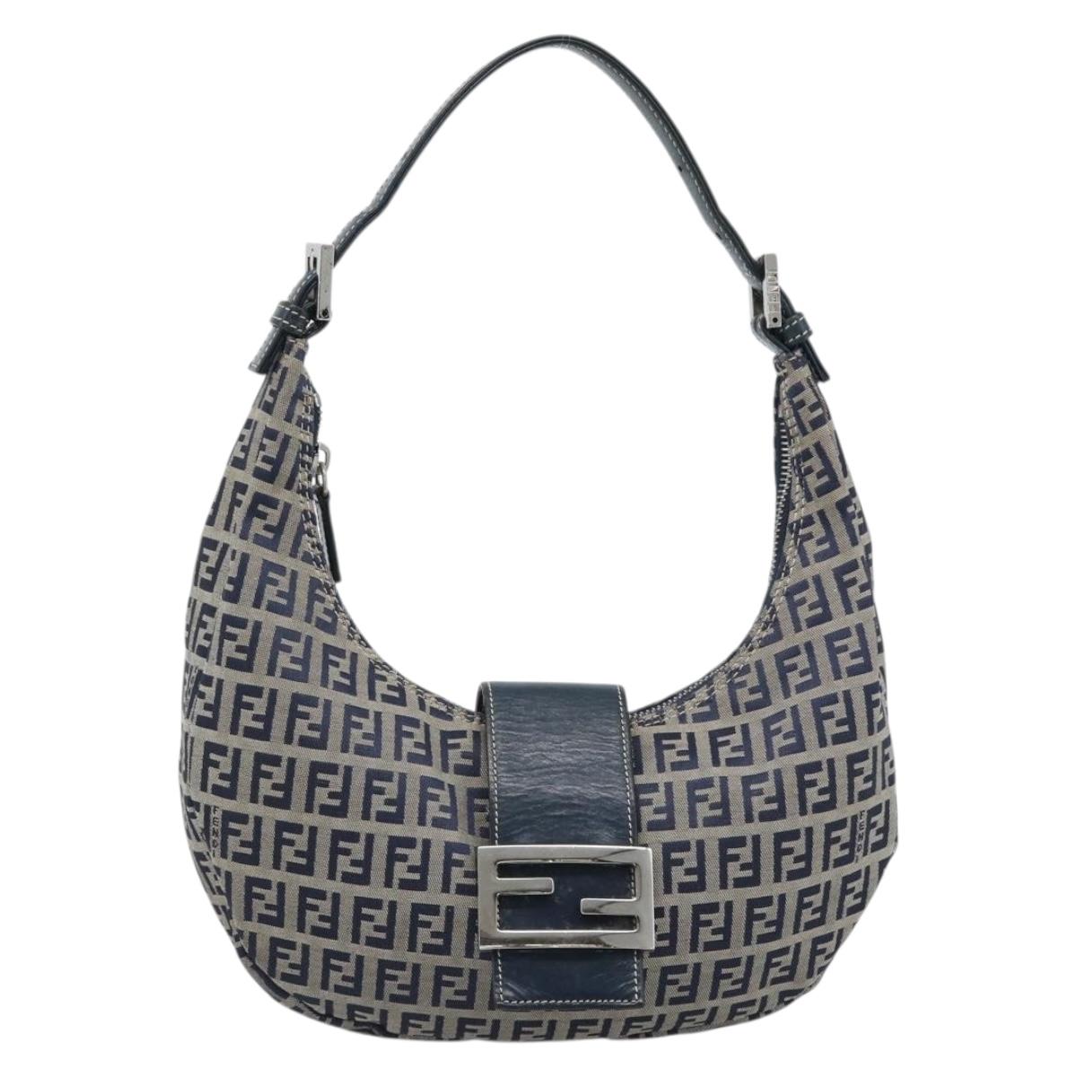 FENDI Zucchino Canvas Mamma Baguette Hand Bag Navy Silver Auth 183859V
