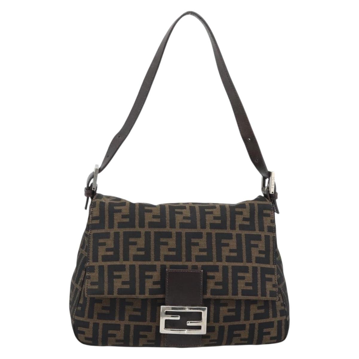 FENDI Zucca Canvas Mamma Baguette Shoulder Bag Black Brown Silver Auth 183864SAM