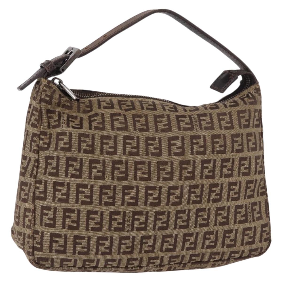 FENDI Zucchino Canvas Hand Bag Beige Silver Auth 183871