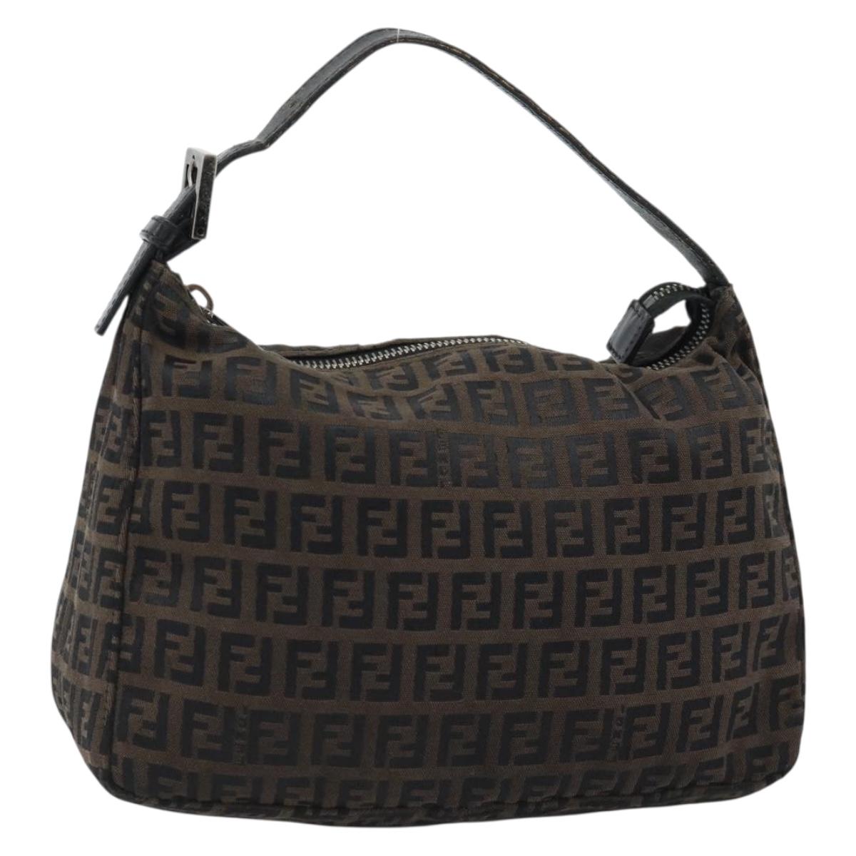 FENDI Zucchino Canvas Hand Bag Brown Silver Auth 183872
