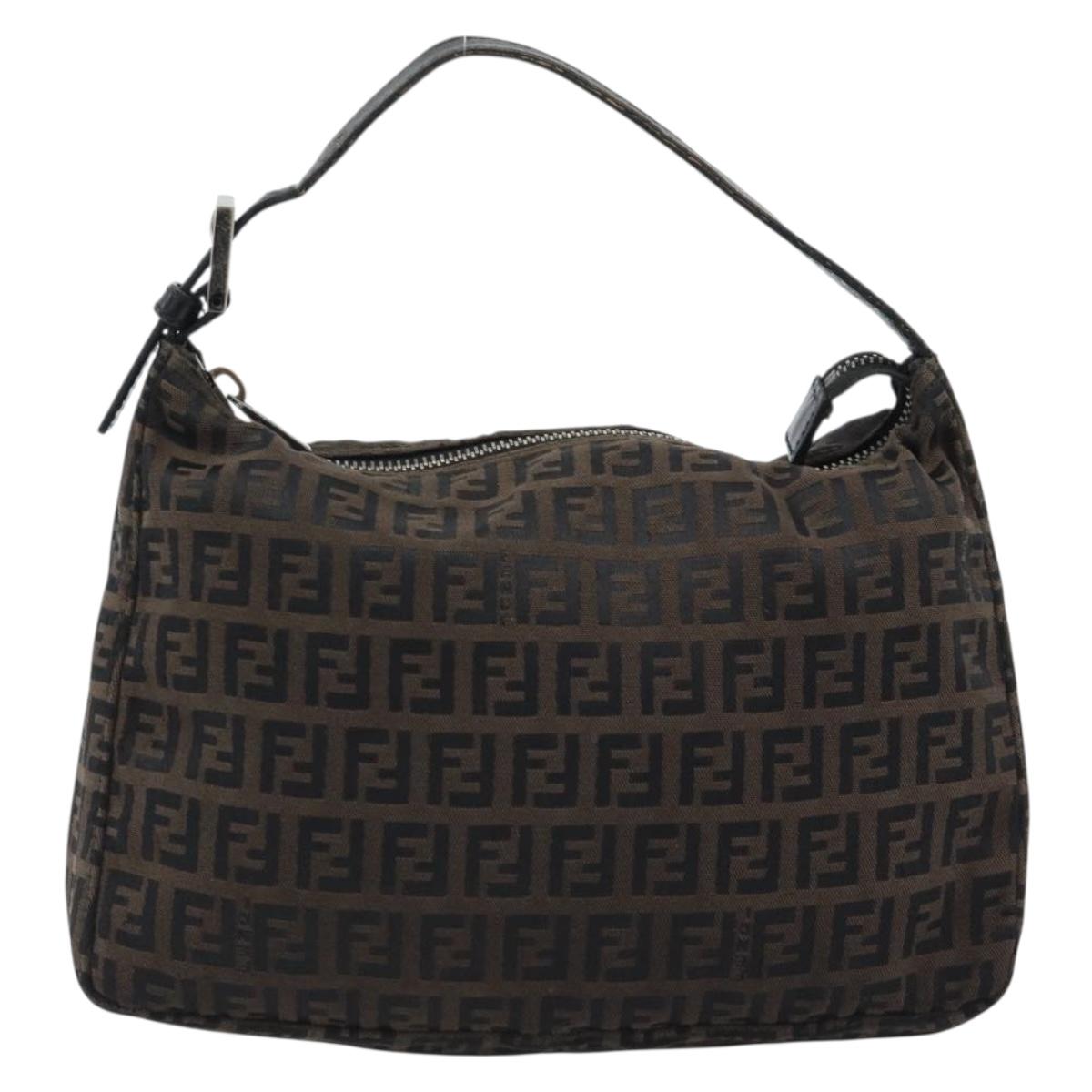 FENDI Zucchino Canvas Hand Bag Brown Silver Auth 183872