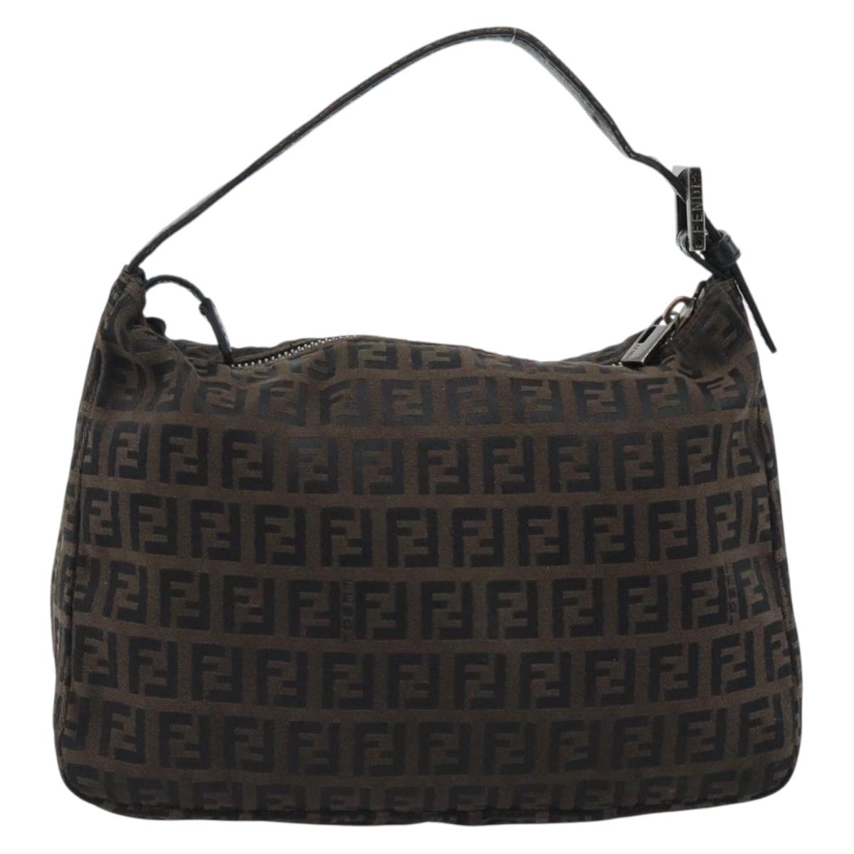 FENDI Zucchino Canvas Hand Bag Brown Silver Auth 183872
