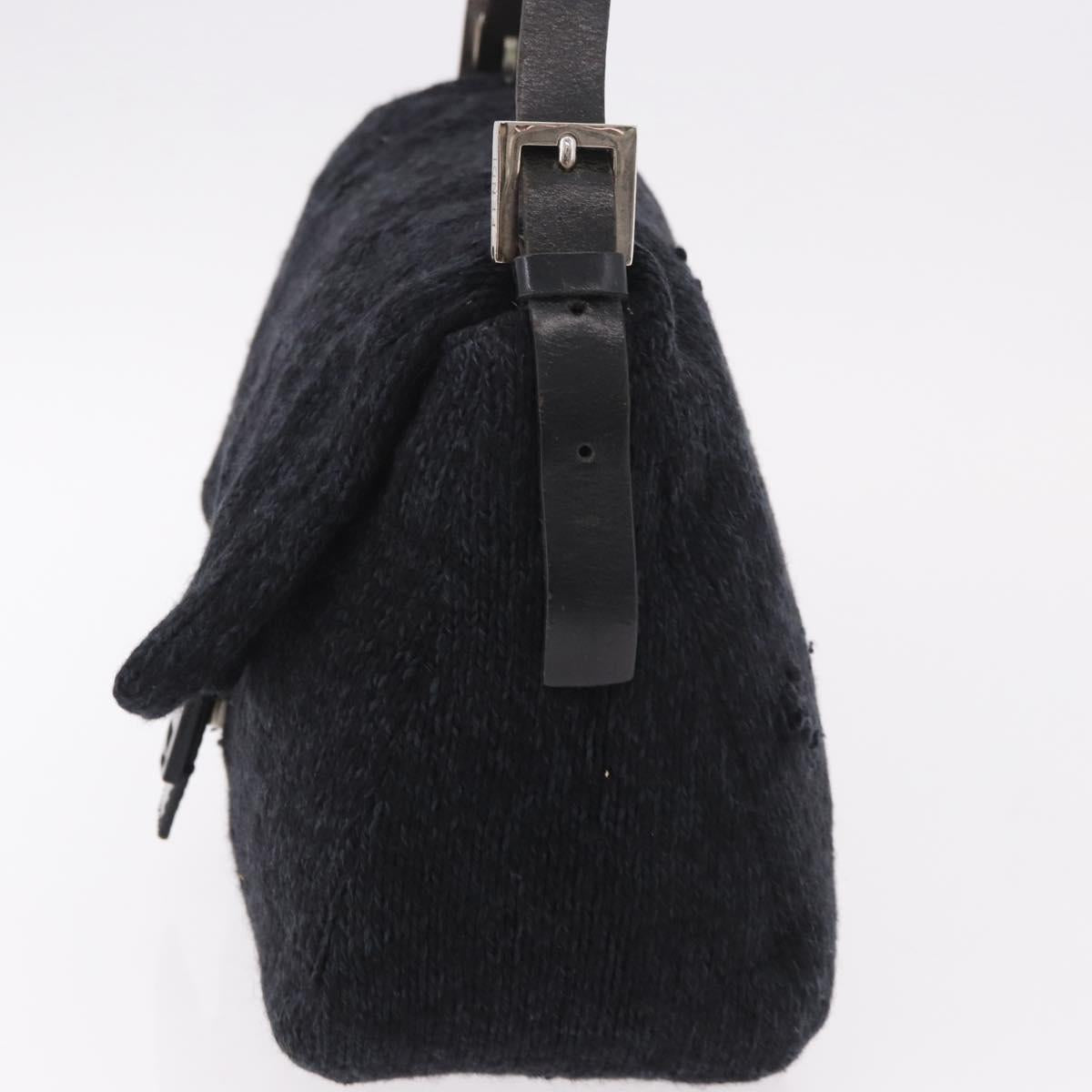 FENDI Mamma Baguette Shoulder Bag Wool Navy Silver Auth 183876