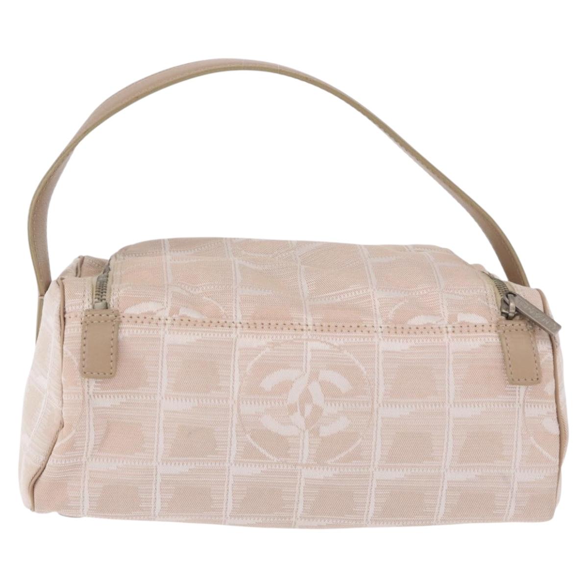 CHANEL New Travel Line Hand Bag Canvas Beige Silver CC Auth 183877