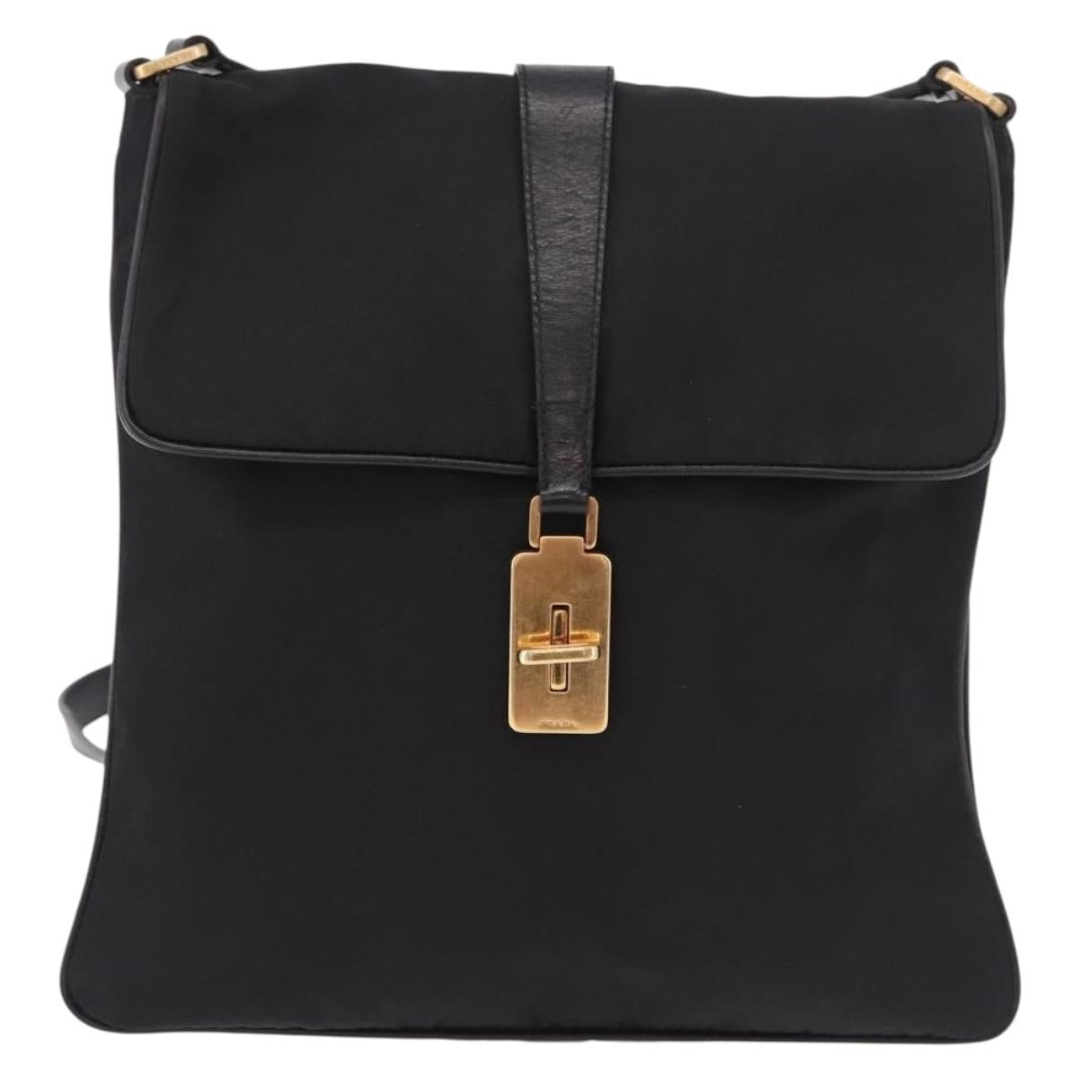PRADA Shoulder Bag Nylon Black Gold Auth 183882A