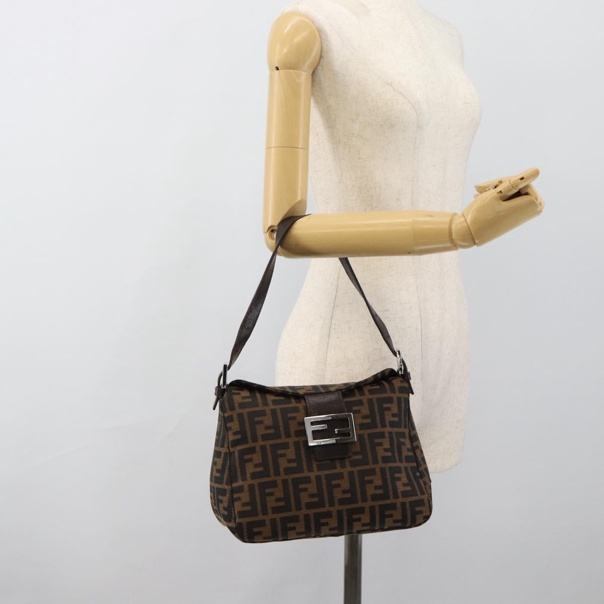 FENDI Zucca Canvas Mamma Baguette Shoulder Bag Black Brown Silver Auth 183887SAM