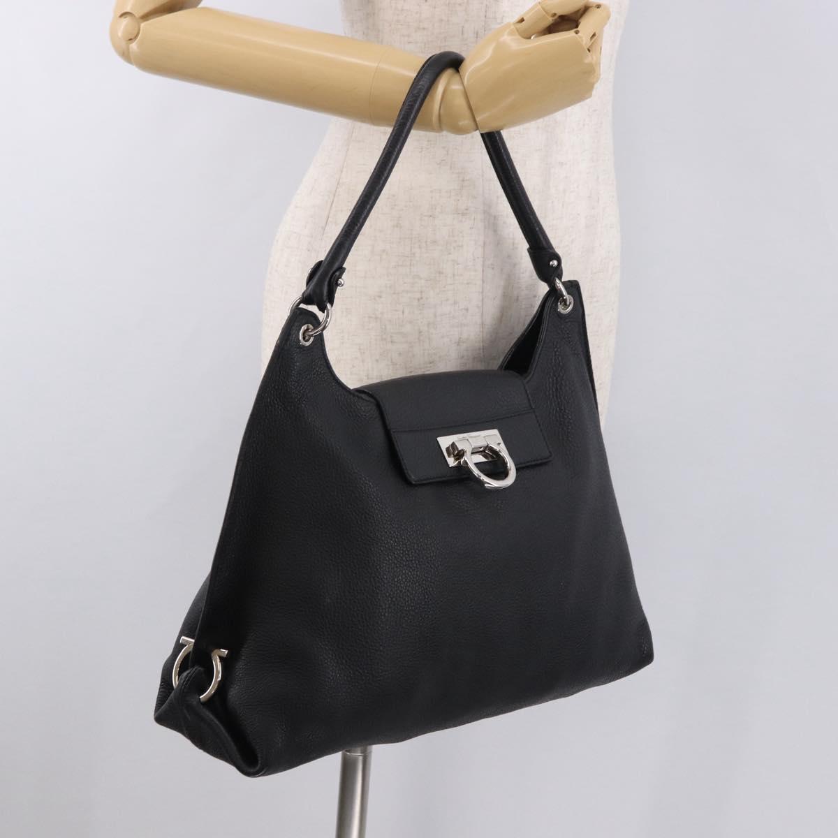 Salvatore Ferragamo Gancini Shoulder Bag Leather Black Silver Auth 183892A