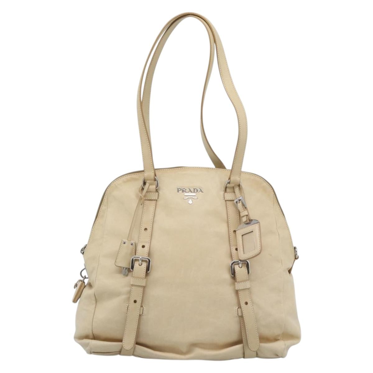PRADA Tote Bag Leather Beige Silver Auth 183893V