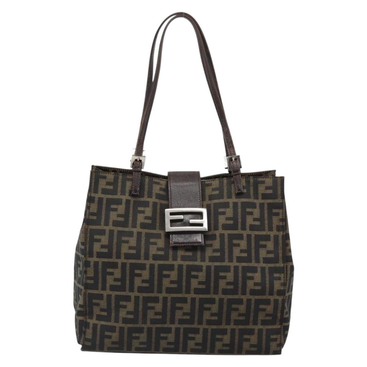 FENDI Zucca Canvas Mamma Baguette Tote Bag Black Brown Auth 183898