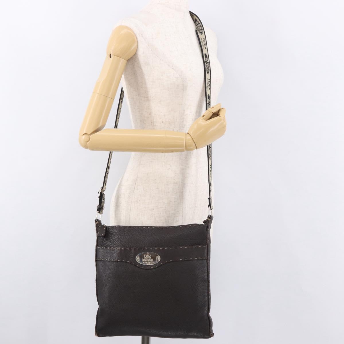FENDI Celeria Shoulder Bag Leather Black Silver Auth 183899A
