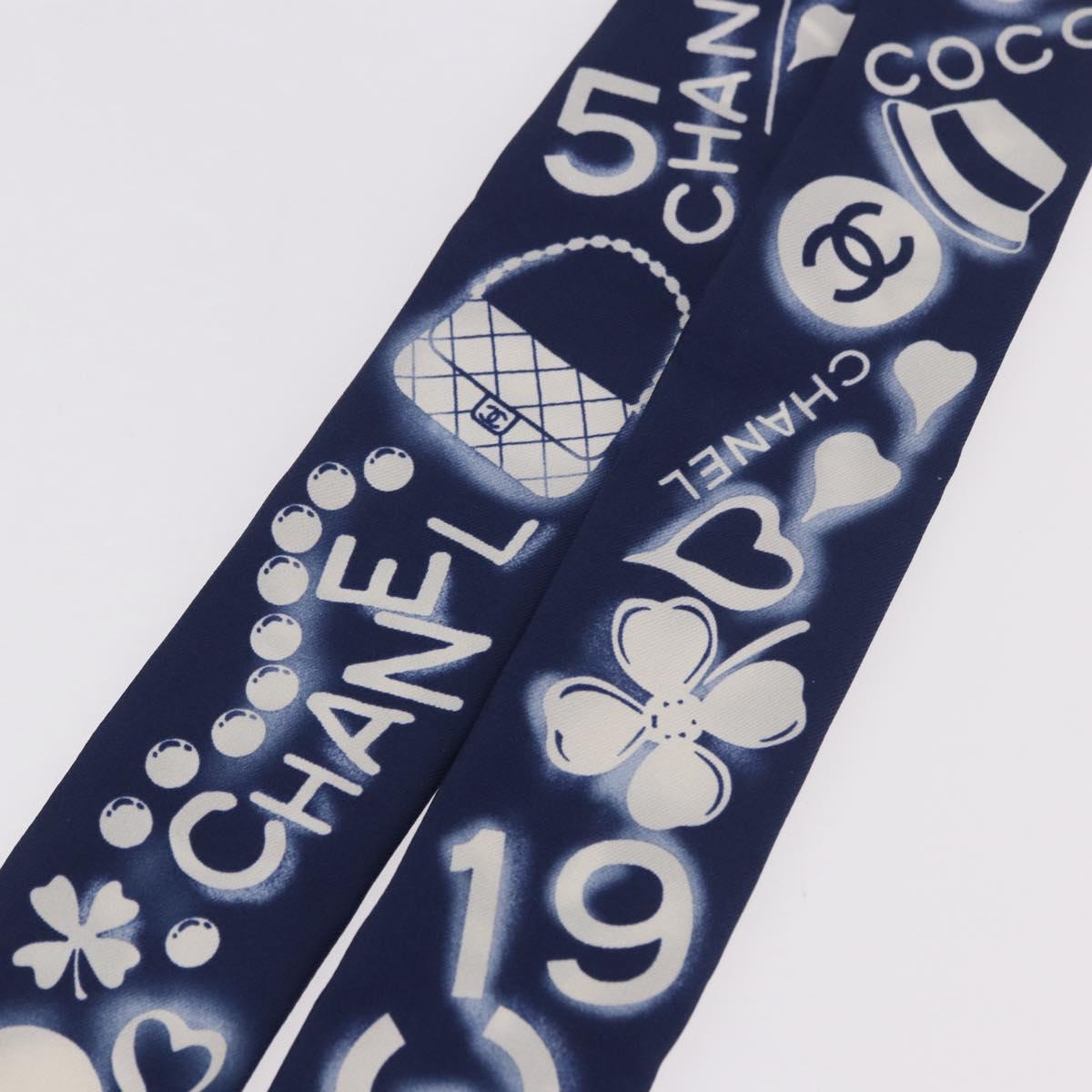 CHANEL Ribbon Scarf Silk Navy CC Auth 183940M